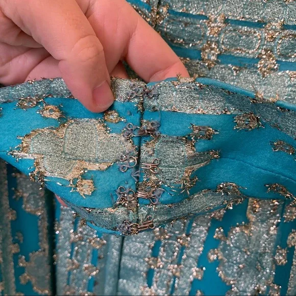 Vintage handmade 60s gold metallic peacock blue shift dress - Picture 6 of 12